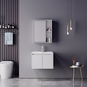 Set mobilier baie inclus lavoar cu baterie plus masca si dulapior cu oglinda, 2 buc, Chinky Mentis, Alb, 60x47x48 cm
