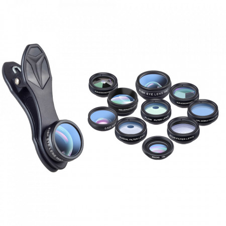 Set 10in1 lentile & filtre profesionale pentru smartphone si tablete SuperMacro 15x, Wide, Fisheye, 2xTelescope, Kaleidoscope, CPL, Flow, Radial, Star, clip universal