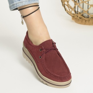 Pantofi Casual Piele Naturala Intoarsa Visiniu 3089