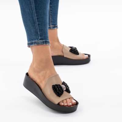 Pantofi Tip Papuci Piele Naturala Talpa Comoda GI04 Kahki