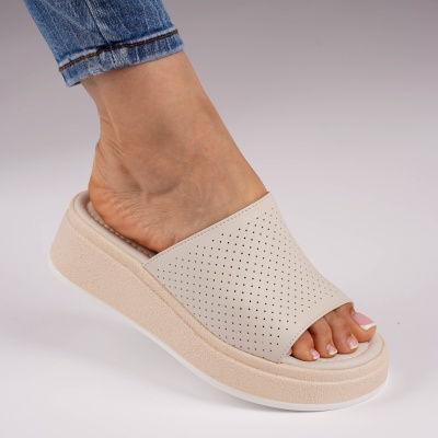 Sandale Tip Papuci Piele Naturala Talpa Groasa Bej F001-861