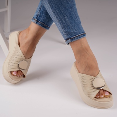 Sandale Tip Papuci Piele Naturala Talpa Groasa Bej T6026