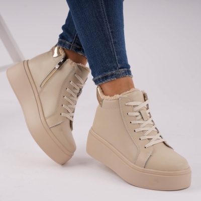 Ghete Piele Naturala Imblanite Talpa Casual Bej T7020