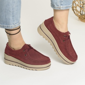 Pantofi Casual Piele Naturala Intoarsa Visiniu 3089