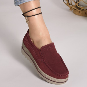 Pantofi New Talpa Ortopedica Piele Naturala Intoarsa Visiniu 3088