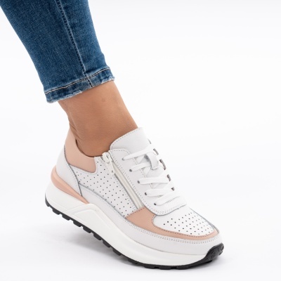 Pantofi Sport Piele Naturala Alb&Roz H18