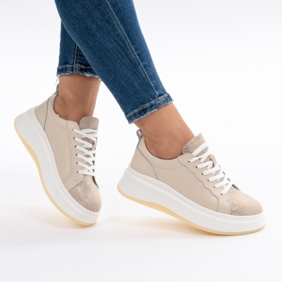Pantofi Dama Piele Naturala F002-275 Alb/Bej