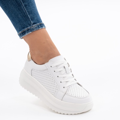 Pantofi Piele Naturala Talpa Comoda Alb&Gold T-2008
