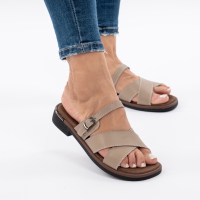 Pantofi Tip Papuci Piele Naturala Talpa Comoda F002-545 Kahki