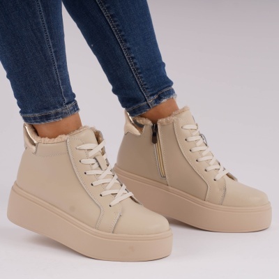 Ghete Piele Naturala Imblanite Talpa Casual Bej T7020