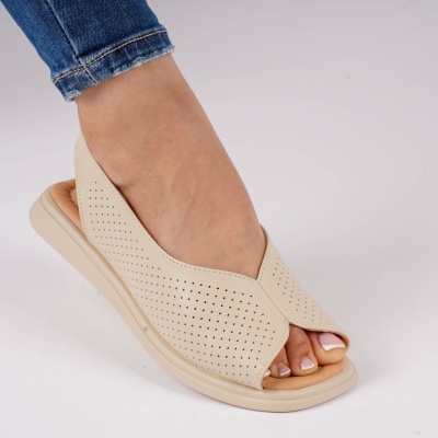 Sandale Piele Naturala Talpa Joasa Bej T6028