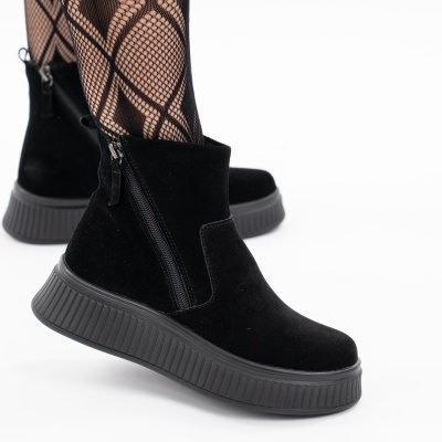 Ghete Imblanite Piele Naturala Intoarsa Talpa Comoda Negru T7007