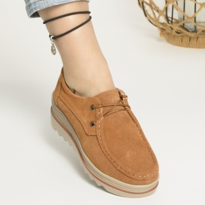 Pantofi Casual Piele Naturala Intoarsa Camel  3089