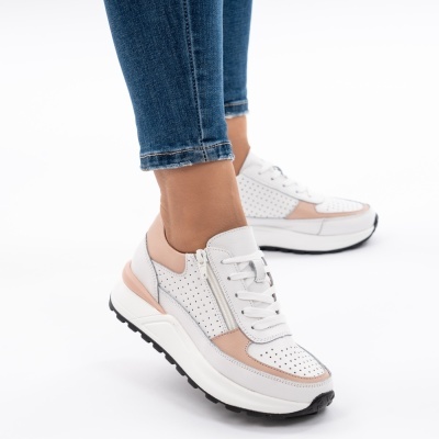 Pantofi Sport Piele Naturala Alb&Roz H18