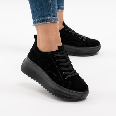 Pantofi Casual Piele Naturala Intoarsa F001-750 Negri