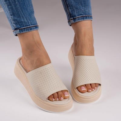Sandale Tip Papuci Piele Naturala Talpa Groasa Bej F001-861