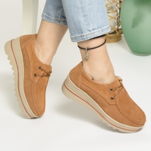 Pantofi Casual Piele Naturala Intoarsa Camel  3089