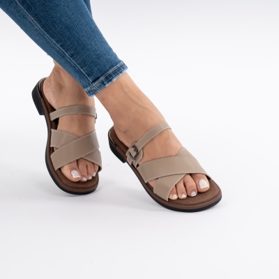 Pantofi Tip Papuci Piele Naturala Talpa Comoda F002-545 Kahki