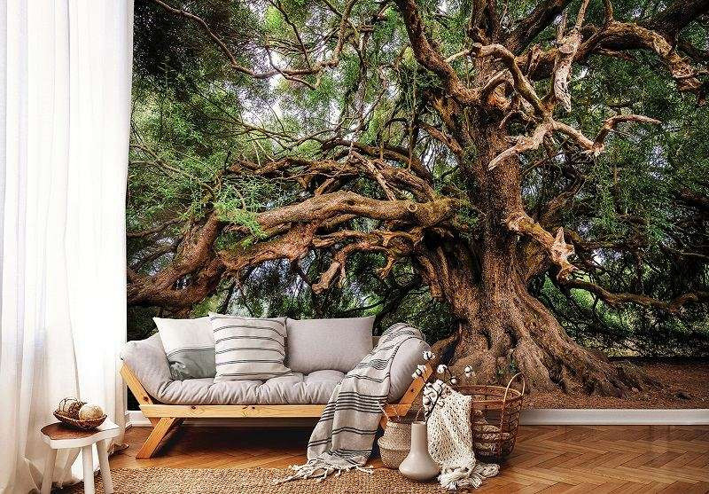 Affiche murale Xxl salon fond papier peint 3d forêt grand arbre vert sentier paysage mural TV fond mur-200 * 140 cm