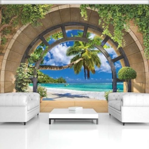Papier Peint Panoramique 3D Mer vouté de Plage tropicale - Photo Murale Intissé - Img 3