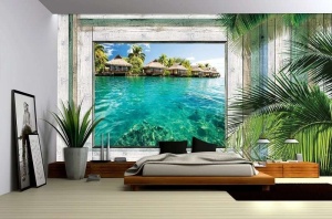 Papier Peint Panoramique XXL Mer Vue de la fenêtre sur un paradis tropical - Photo Murale Intissé - Img 2