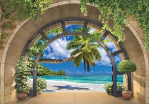 Papier Peint Panoramique 3D Mer vouté de Plage tropicale - Photo Murale Intissé