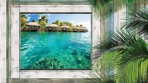 Papier Peint Panoramique XXL Mer Vue de la fenêtre sur un paradis tropical - Photo Murale Intissé