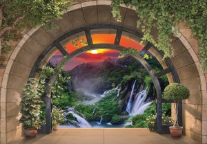Papier Peint Panoramique XXL Nature Fenêtres de terrasse 3D avec cascade - Photo Murale Intissé