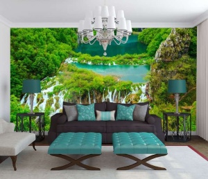 Papier Peint Panoramique XXL Nature Lac de la forêt tropicale avec des cascades - Photo Murale Intissé - 3601 - Img 2