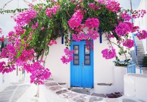 Papier Peint Photo Murale XXL Villes Rue Grecque Fleurs roses - 14199