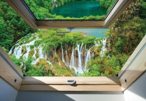 Papier Peint 3D Panoramique XXL Nature Vue de la fenêtre sur les cascades vertes - Photo Murale Intissé - 10392