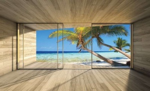 Papier Peint Panoramique 3D Mer Terrasse d'une plage tropicale - Photo Murale Intissé