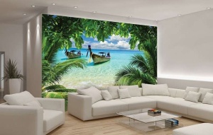 Papier Peint Panoramique XXL Mer Bateaux de pêcheurs sur une plage tropicale - Photo Murale Intissé - Img 2