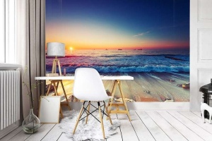 Papier Peint Panoramique XXL Mer Vagues au coucher du soleil - Photo Murale Intissé - Img 3