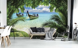 Papier Peint Panoramique XXL Mer Bateaux de pêcheurs sur une plage tropicale - Photo Murale Intissé - Img 3