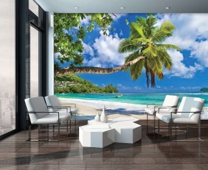 Papier Peint Panoramique XXL Mer Palmiers inclinés et hamac sur une plage paradisiaque - Photo Murale Intissé - Img 2