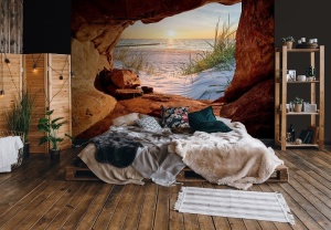 Papier Peint Panoramique XXL Mer Paysage de plage en grotte avec trou en 3D - Photo Murale Intissé - Img 2