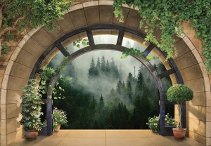 Papier Peint Panoramique XXL Nature Fenêtre à effet 3D, terrasse, forêt dans la brume - Photo Murale Intissé
