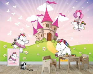 Papier peint pour chambre d'enfants - Licornes au château - Photo Murale Intissé - Img 2