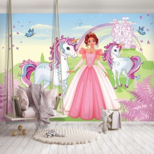 Papier peint Enfants - La princesse et l'histoire de la licorne - Photo Murale Intissé - Img 2