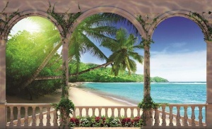 Papier Peint Panoramique 3D Mer Peinture murale vue terrasse ensoleillée - Photo Murale Intissé