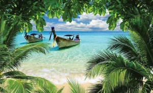 Papier Peint Panoramique XXL Mer Bateaux de pêcheurs sur une plage tropicale - Photo Murale Intissé