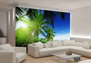 Papier Peint Panoramique XXL Mer Palmiers verts sur une plage lointaine, image relaxante - Photo Murale Intissé - Img 2