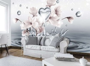 Papier Peint Photo Murale XXL de goutte d'eau en forme de coeur avec des fleurs - Intissé - Img 2