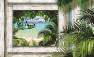 Papier Peint Panoramique 3D Mer Bateau de pêche sous les tropiques - Photo Murale Intissé