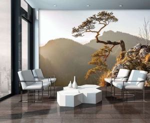 Papier Peint Panoramique XXL Nature Arbre solitaire, paysage de montagne en arrière-plan - Photo Murale Intissé - 10511 - Img 3