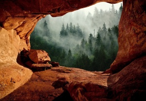 Papier Peint Panoramique XXL Nature Forêt de grottes en 3D dans le brouillard - Photo Murale Intissé
