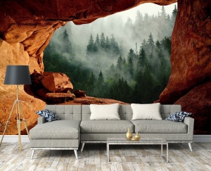 Papier Peint Panoramique XXL Nature Forêt de grottes en 3D dans le brouillard - Photo Murale Intissé - Img 2