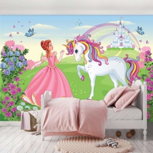 Papier peint pour enfants - Histoire de princesse et licorne - Photo Murale Intissé - Img 3