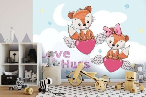 Papier Peint Enfants textuel Love & Hugs - Photo Murale Intissé - Img 3